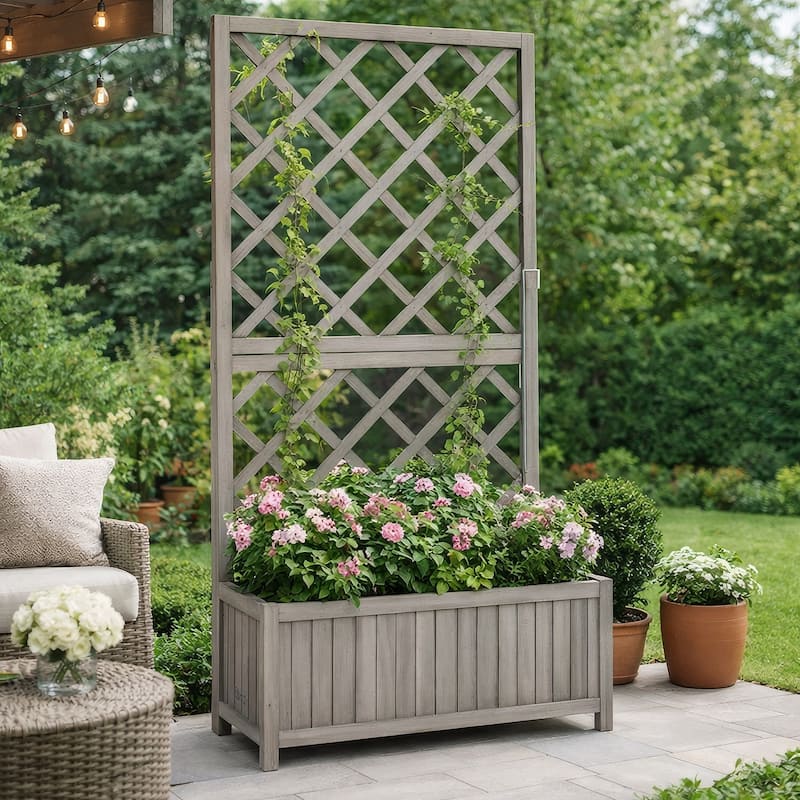 Simi Outdoor Garden Planter, Built In Trellis, 53 Inch Gray Solid Wood