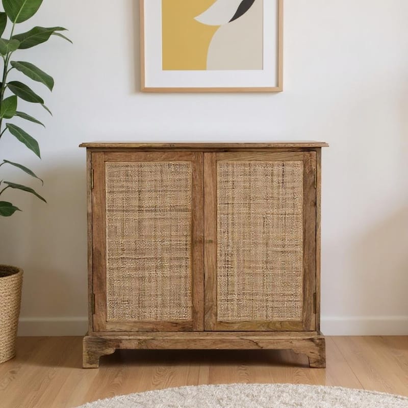 HomeRoots 34" Brown Solid Wood And Textured Rattan Accent Cabinet With Two Doors - Brown