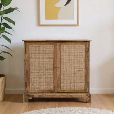 HomeRoots 34" Brown Solid Wood And Textured Rattan Accent Cabinet With Two Doors