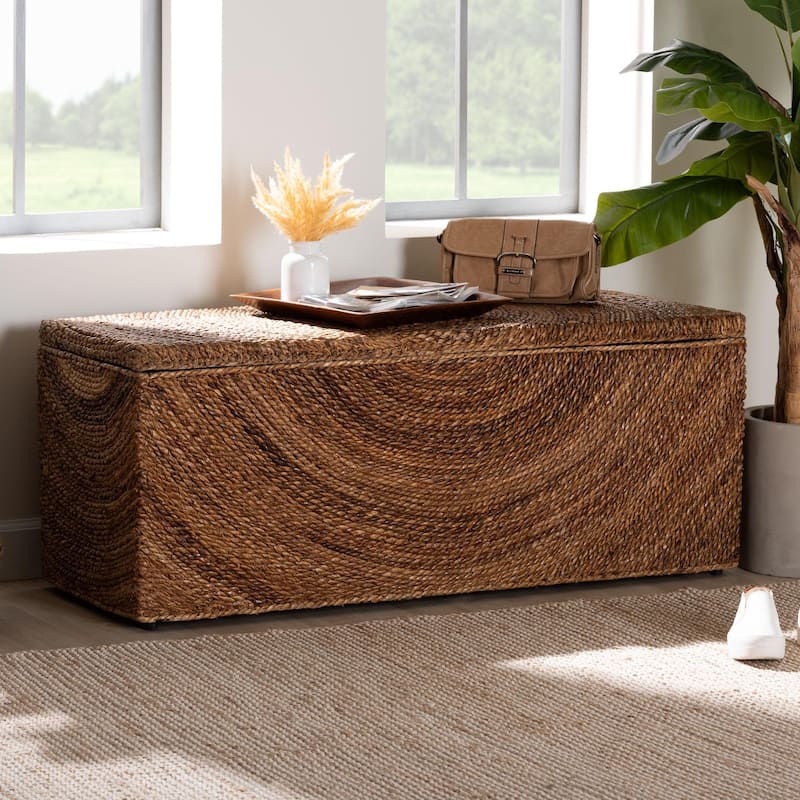 Verino Handwoven Seagrass Storage Bench with Removable Lid - Rustic Wicker Trunk Chest for Entryway, Living Room, or Bedroom