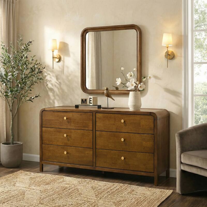 Roundhill Furniture Eldren Wood Bedroom Set, Platform Bed with Dresser, Mirror, Nightstand, Chest in Walnut Finish