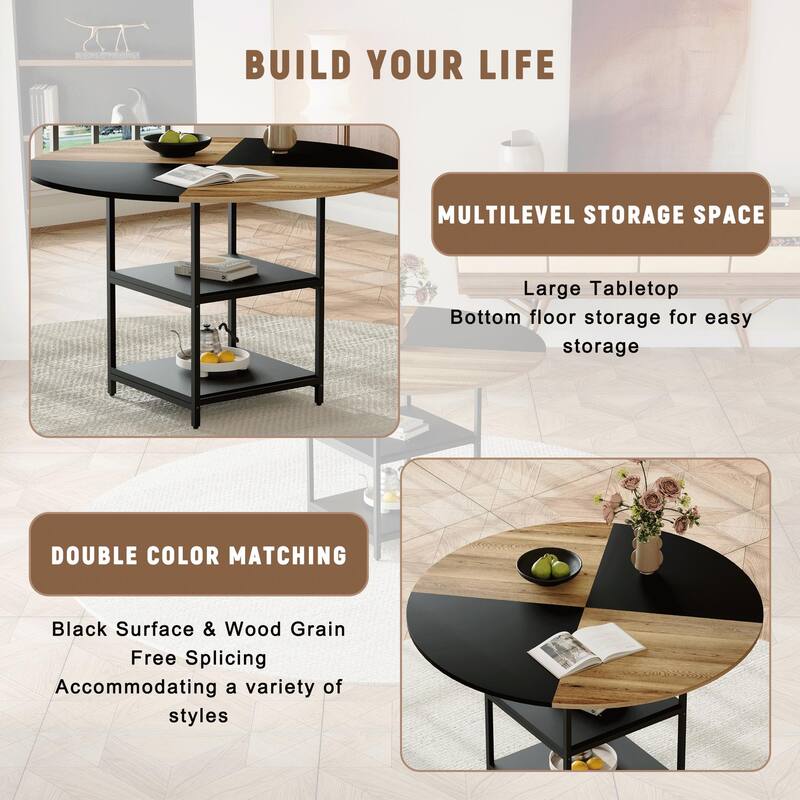 Roomfitters 47 Inch Round Dining Table with Double-Layer Storage and Diagonal Wood Black Top for Modern Spaces, Black+Wood