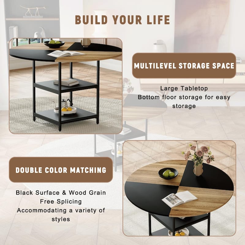 Round Coffee Table, 47 Inch Living Room Coffee Table with Metal Frame, 3 Tier Wooden Center Table with Storage Shelves