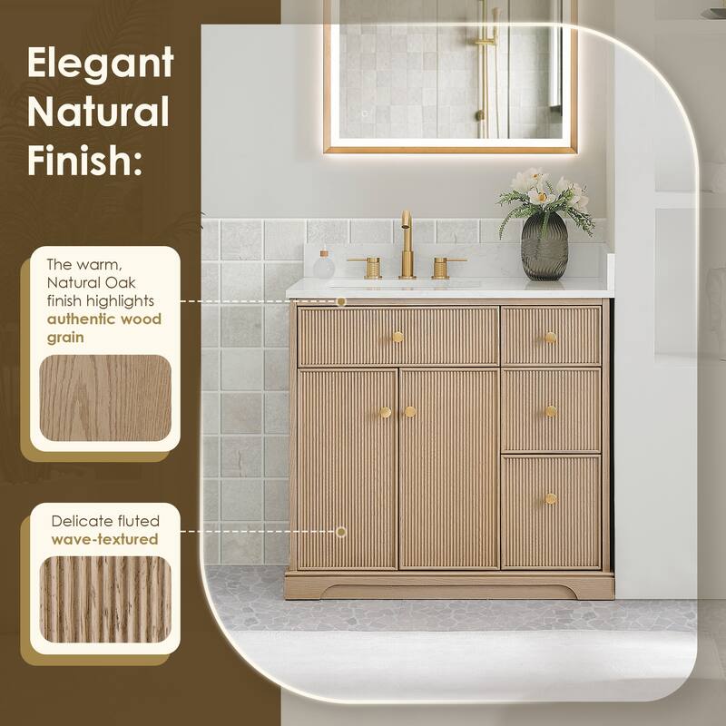 Barnett Bathroom Vanity in Natural Oak with Grain White Engineered Stone Countertop No Mirror