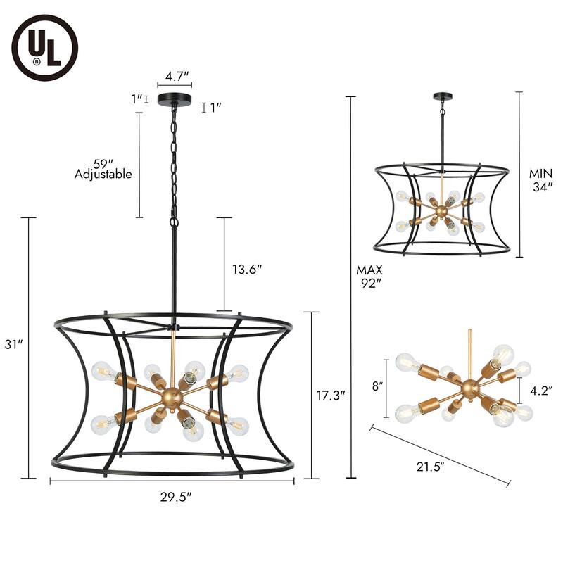 Modern 8-Light 29.5"D Chandelier Black Gold Drum-Shaped Large Pendant for Dining Room - Drum