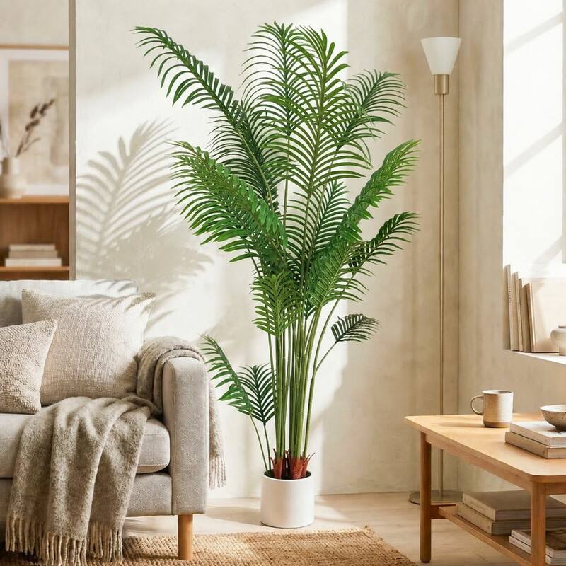 Artificial Plant Fake Tropical Palm Tree Potted - White(Upgraded Pot) - 6.6FT