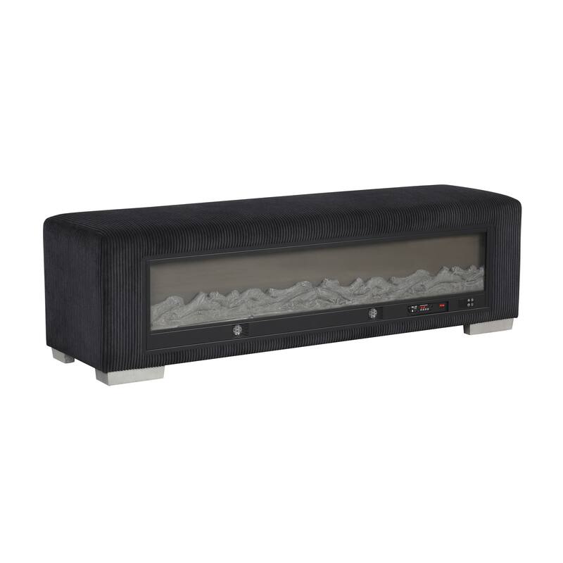 Furniture of America Goffney Chenille Bench with Fireplace Simulator and Bluetooth Audio