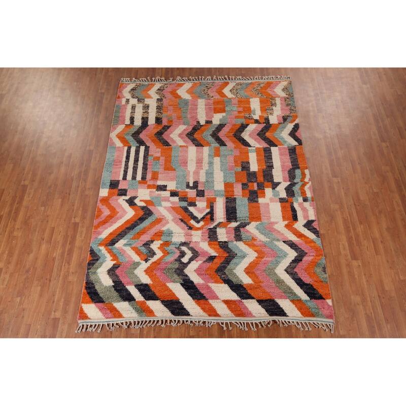 Multicolor Plush Moroccan Area Rug Handmade Geometric Wool Carpet - 7'10" x 10'7"