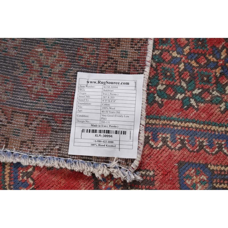 Geometric Bakhtiari Persian Vintage Rug Hand-Knotted Pink Wool Carpet - 6'8"x 9'5"