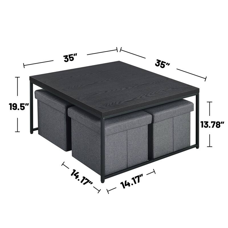 5 Piece Coffee Table Set with 4 Storage Stools
