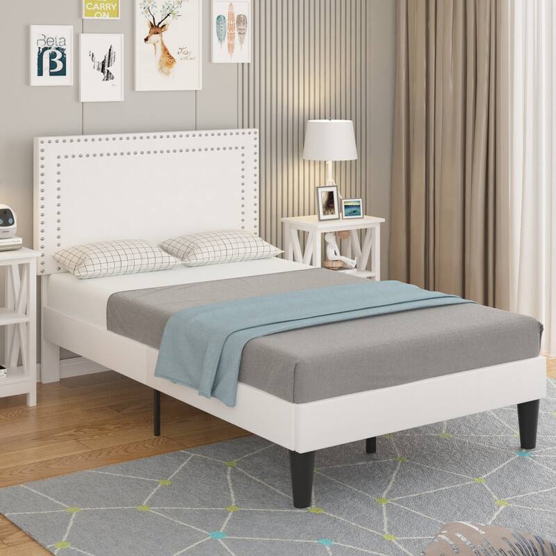 2 Pcs Upholstered Twin Size Platform Bed with Adjustable Headboard Double Riveted Headboard Twin Size Platform Bed