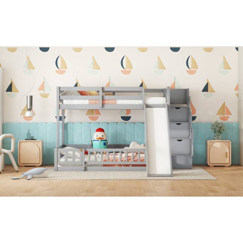 Roomfitters Twin Over Full Bunk Bed with Slide and Storage Staircase, Solid Pine Wood Bunk Bed with Guardrails