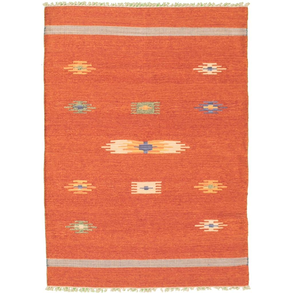 ECARPETGALLERY Flat-weave Bold and Colorful Red Wool Kilim - 4'0 x 5'9