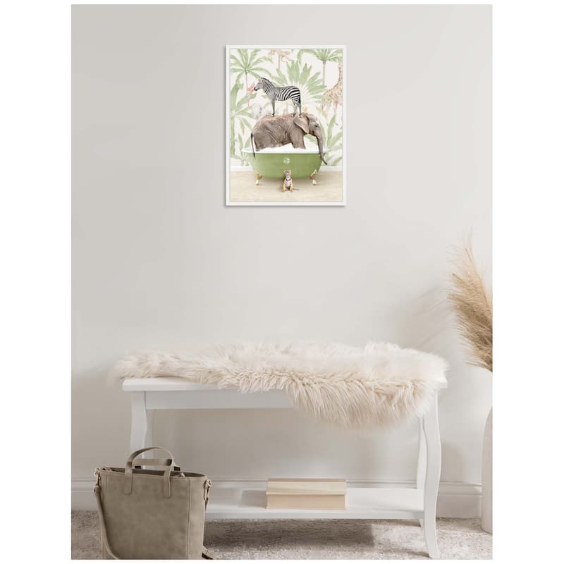 Kate and Laurel Sylvie Zebra Elephant and Weasel in Wild Safari Bathtub Framed Canvas by Amy Peterson