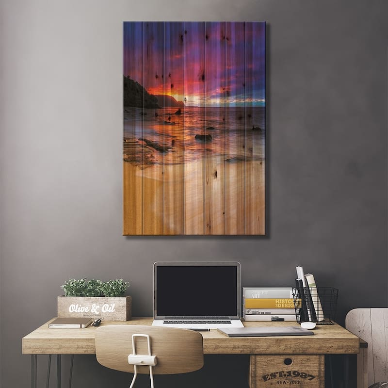 Sunset over the Na Pali Coast from Hideaways Beach, Princeville, Kauai, Hawaii, USA Print On Wood by Russ Bishop - Multi-Color