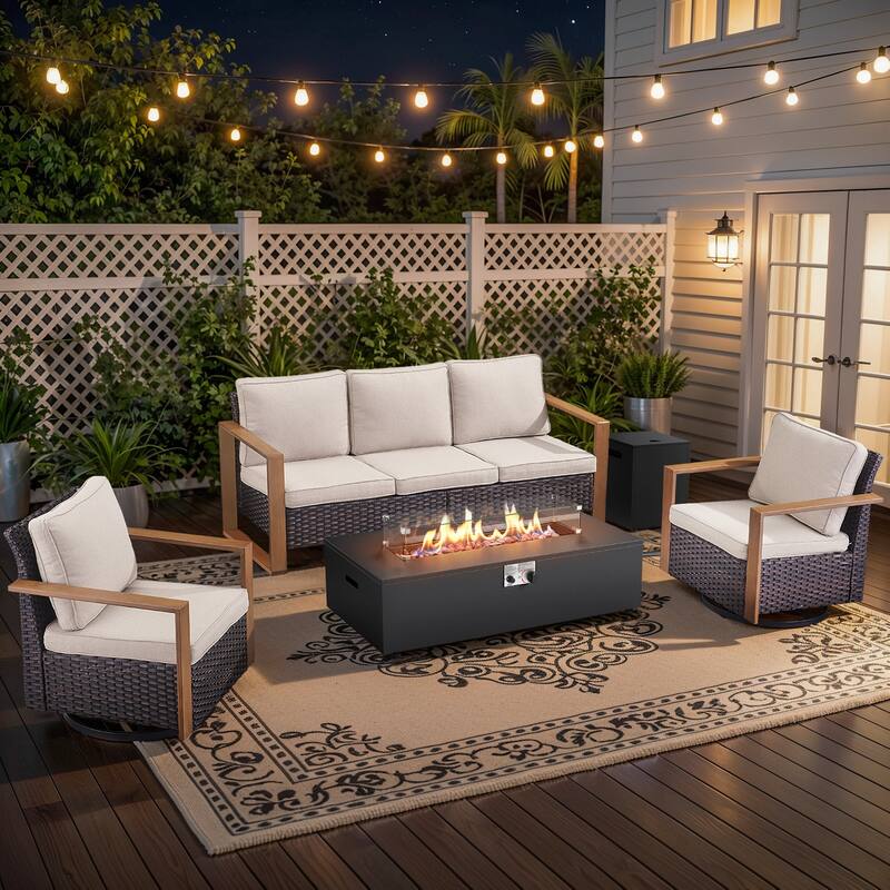 Pocassy Outdoor Sofa Swivel Chair Ottoman w/ 43" Fire Pit Set - Brown Wicker Beige Cushion - 4PCS Fire Table w/ 4-In Cushion Sofa Swivel Chair