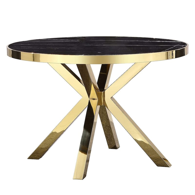 Round Dining Room Table with Silver Stainless Steel Metal Cross Base - Black/Gold