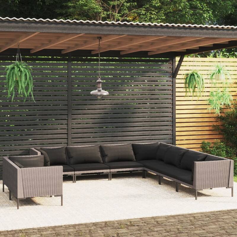 vidaXL Patio Lounge Set Outdoor Sectional Corner Sofa Poly Rattan Dark Grey - 27.6" x 27.6" x 24" - Grey 9 Piece