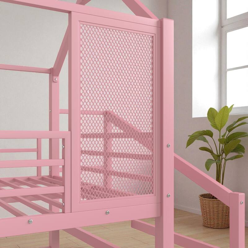 Twin/Full Metal House Loft Bed with Slide and Stairs, Kids Playhouse Bed with Roof, Storage Shelves & Guardrails