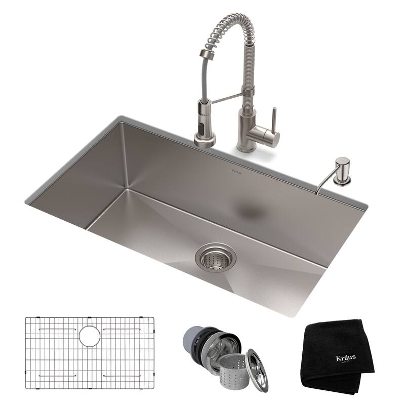 Kraus 3-in-1 Set Undermount Kitchen Sink, Pulldown Faucet, Dispenser - Stainless Steel