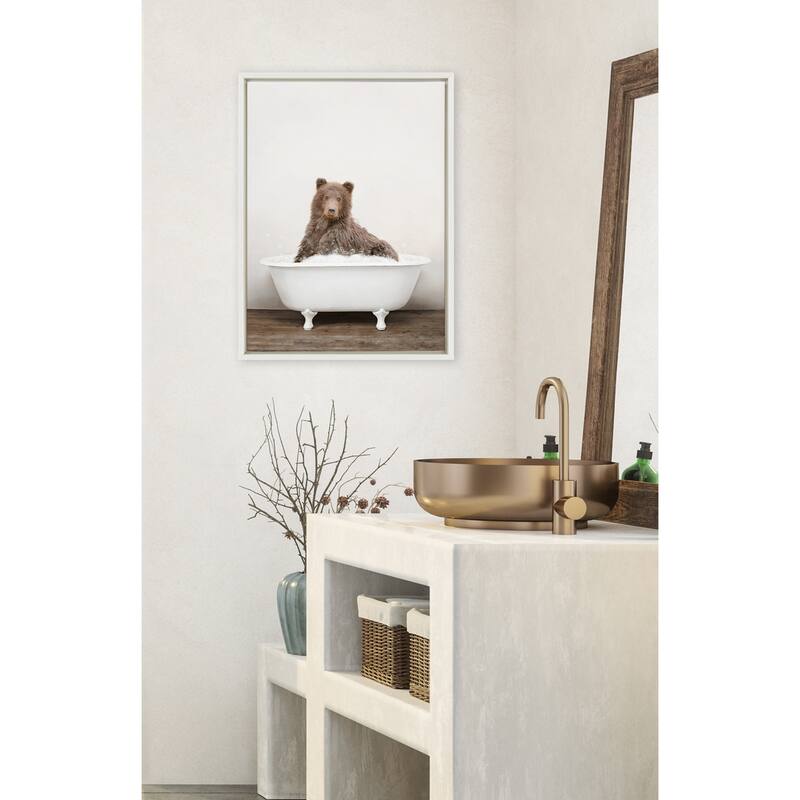 Kate and Laurel Bear Rustic Bubble Bath Framed Canvas by Amy Peterson