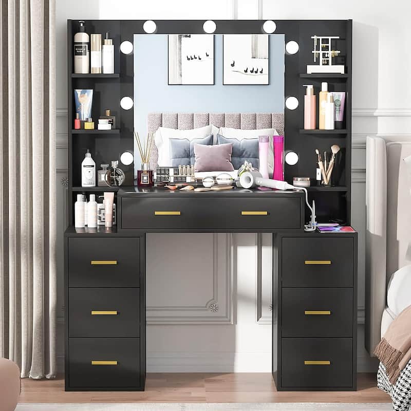 43'' Makeup Vanity with 3 Color Light, Charging Station, Storage Shelves, 7 Drawers
