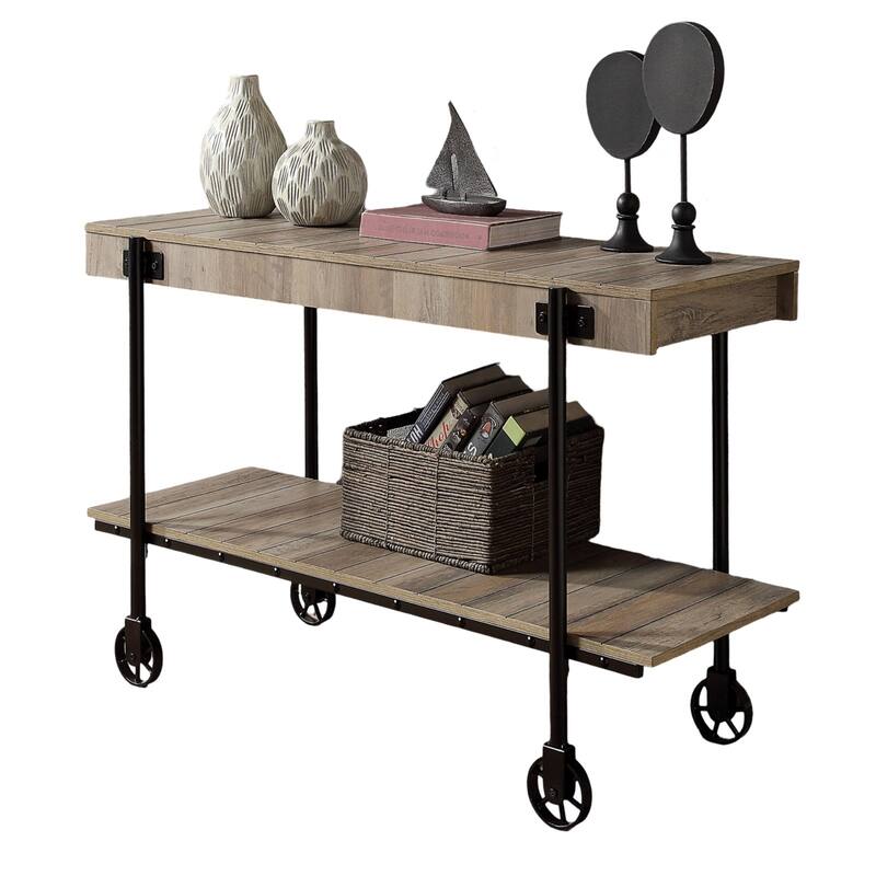 1pc Sofa Table Natural Tone Slat Design Console Table