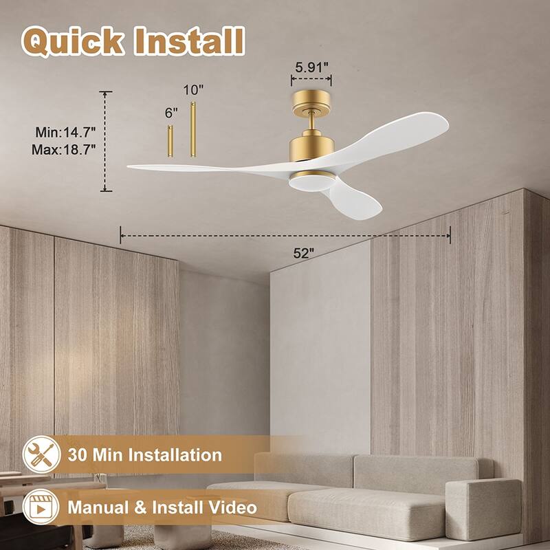 52 in. Smart Outdoor Indoor Gold White Ceiling Fans with LED Lights and Remote, Control with WiFi Alexa APP, High CFM
