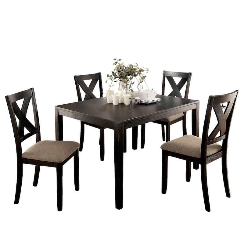 Brushed Solid wood 5pc Dining Set Table And 4x Chairs Fabric Cushions Seats X-Cross Back Design Chairs Dining Room