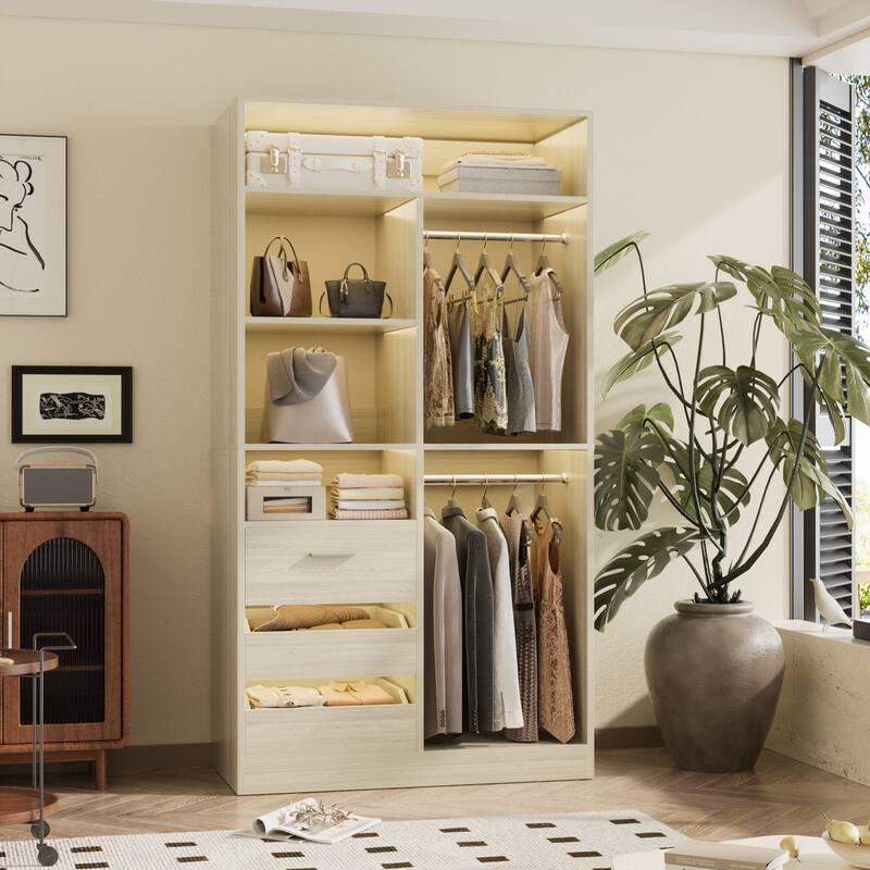 36" Freestanding Closet System With 3 Drawers and 2 Hanging Rods,Multi-Purpose Wardrobe Closet Rack