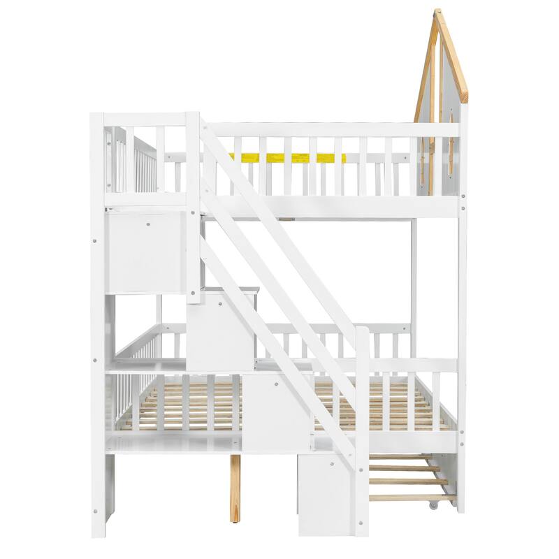 Fairytale Bunk Bed with Window Door House-shaped Roof Frame and Storage Staircase, Optional with Storage Drawers or Trundle Bed