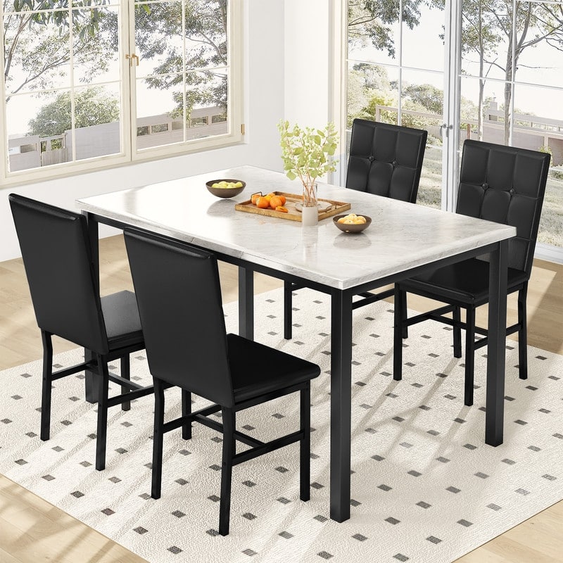 Grondin Modern Style 5 Pieces Dining Table Set For 4, Faux Marble Dining Room Table Set With 4 Upholstered Dining Chairs