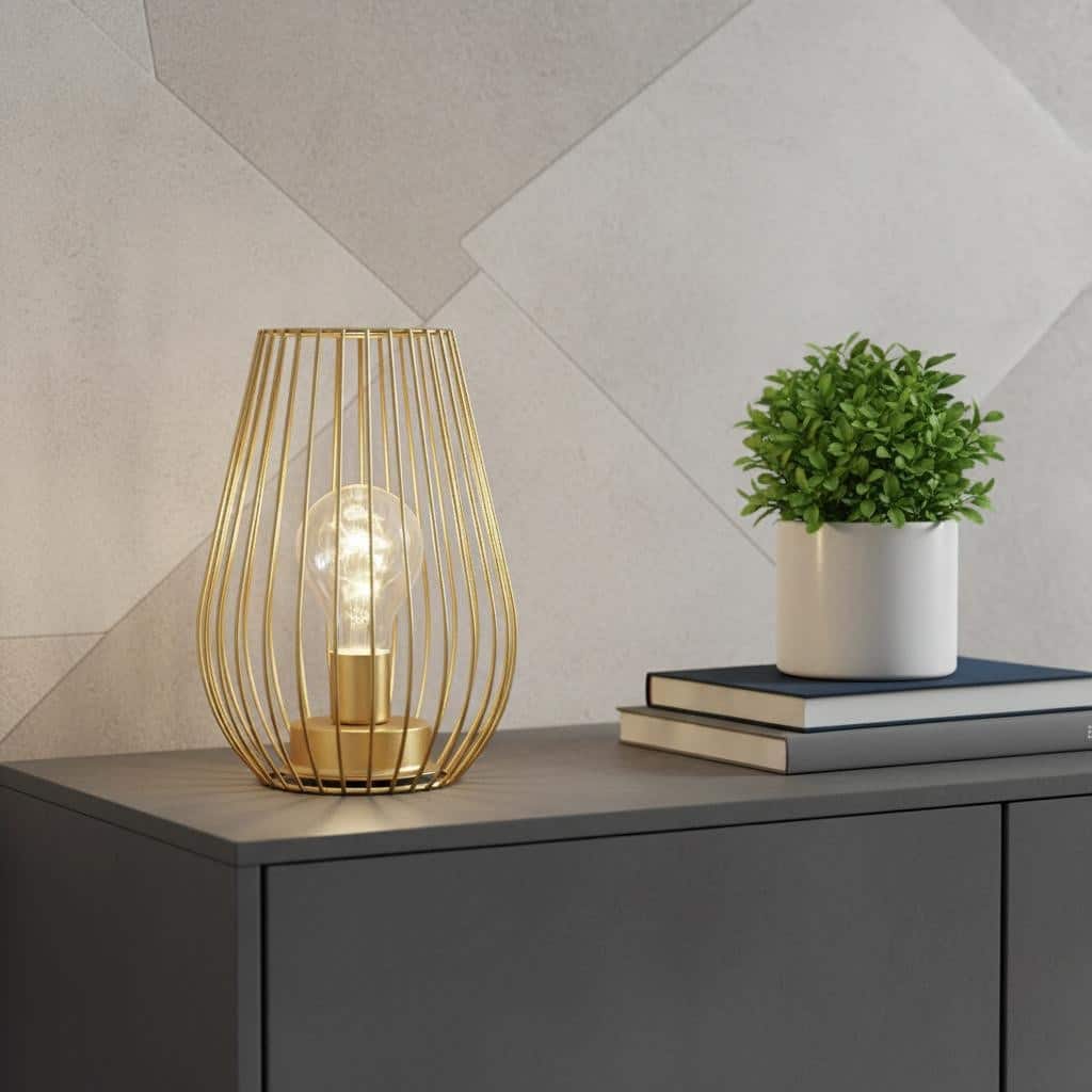 HomeRoots 8" Gold Metal Geometric Battery Operated Desk Lamp With Novelty Shade - 5.90 in. x 7.80 in. x 5.90 in.