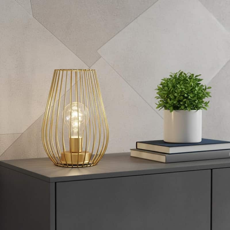 HomeRoots 8" Gold Metal Geometric Battery Operated Desk Lamp With Novelty Shade - 5.90 in. x 7.80 in. x 5.90 in. - Gold - 5.90 in. x 7.80 in. x 5.90 in.