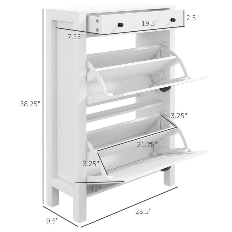 White MDF Shoe Cabinet with Adjustable Shelves Drawer and Anti Tipping Design for Space Saving Storage - 23.5" x 9.5" x 38.25"