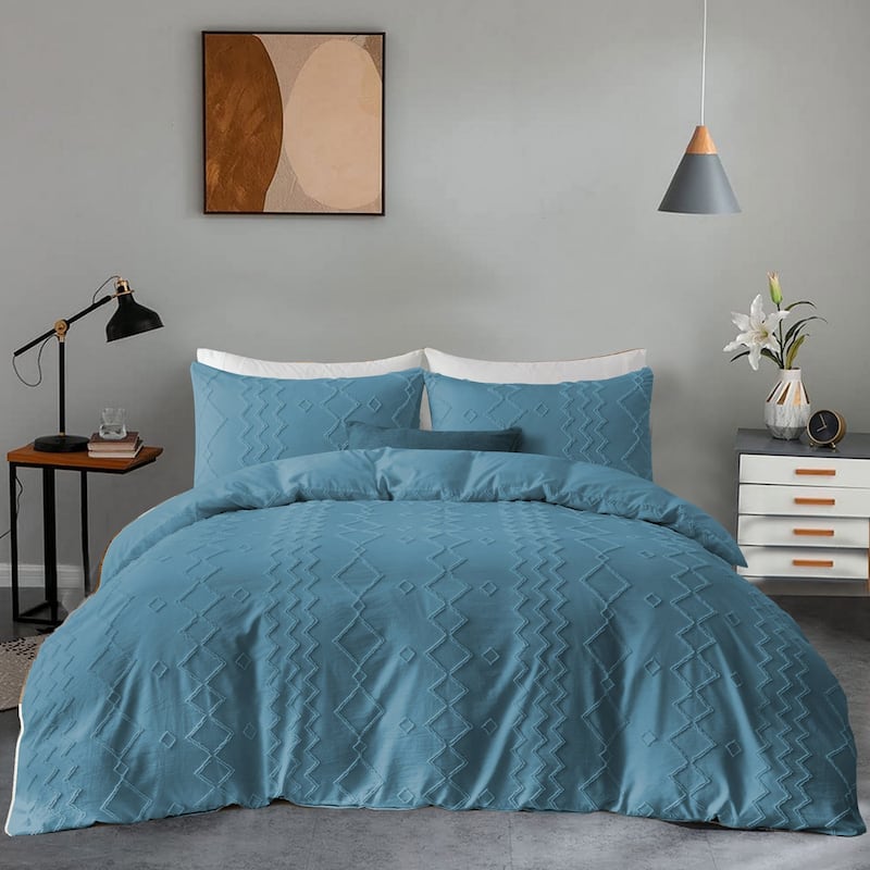 Clipped Jacquard Diamond Geometric Duvet Cover Set - Dark Blue - Full - Queen