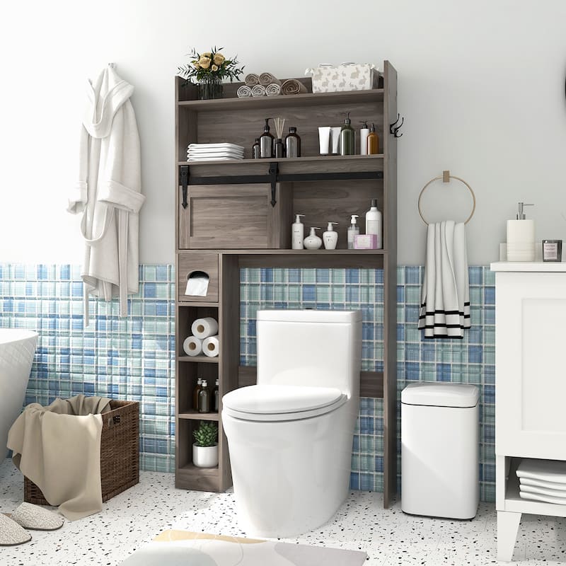 Gymax Over The Toilet Storage Cabinet w/ Sliding Barn Door Adjustable