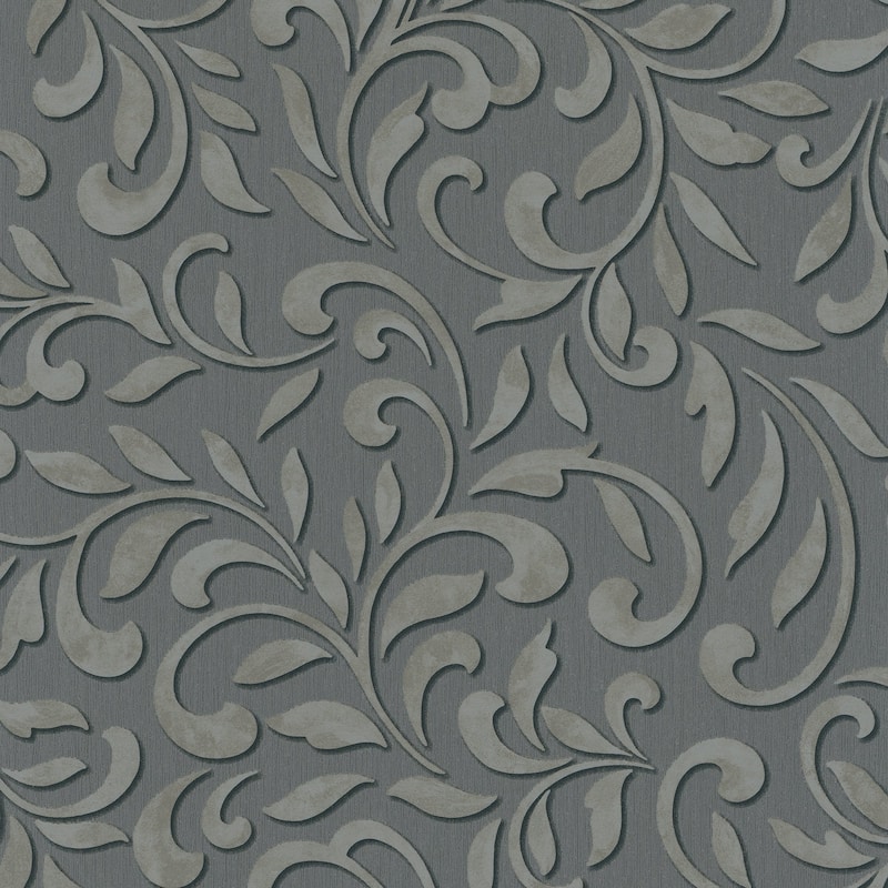Galerie Wallcoverings Leafy Scroll Damask Vinyl on Non-woven Metallic Wallpaper Roll - 33 feet x 21 inches - Anthracite/Silver
