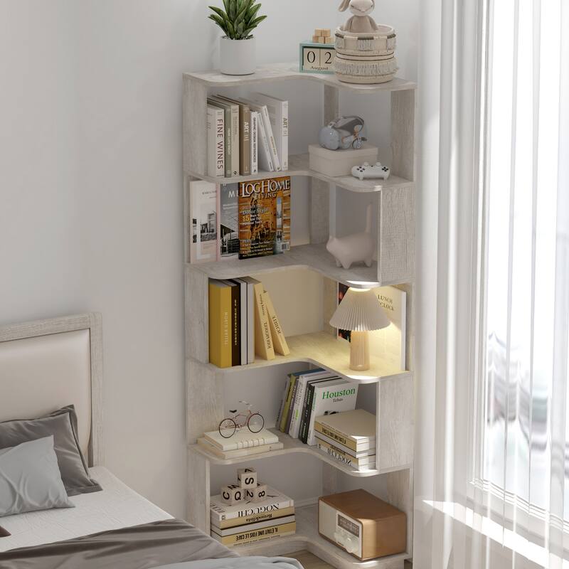 6-Tier L-Shaped Corner Bookshelf, Freestanding Wooden Bookcase with Anti-Drop Panel & Anti-Tip Device