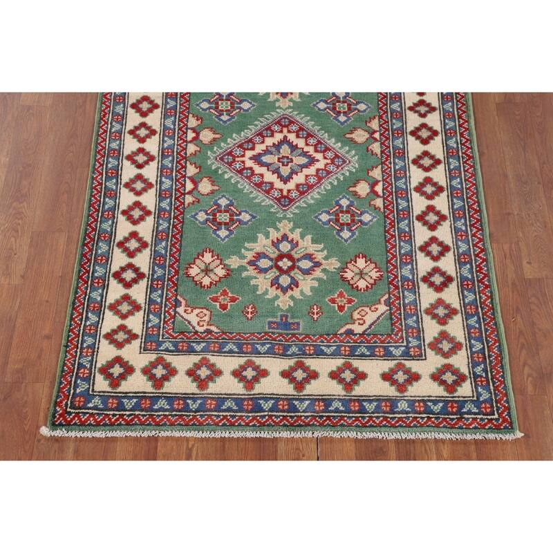 Green Geometric Kazak Foyer Rug Hand-Knotted Wool Carpet - 3'3" x 4'10"