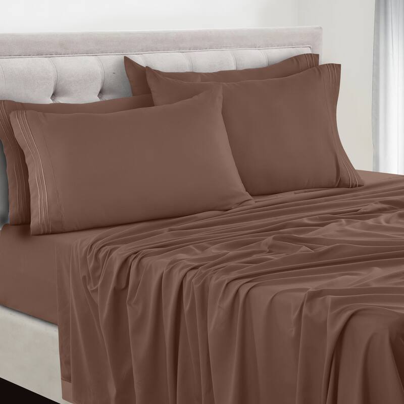 6 Piece Bed Sheet Set Deep Pocket Ultra Soft Microfiber Bedding Sheets - Queen - Brown