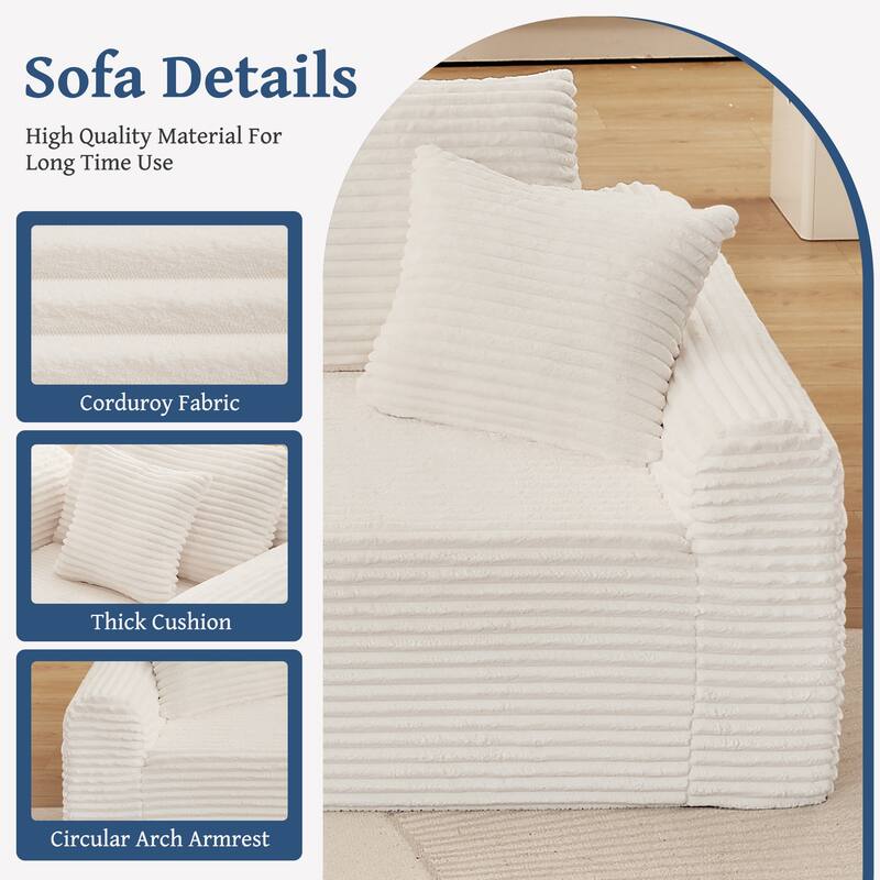Full-Compression Chaise Lounge Set - White Corduroy Sectional with Arched Armrests