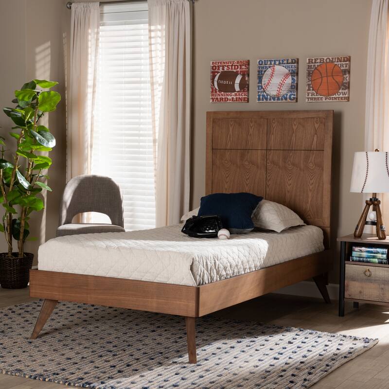 Twin Size Platform Bed - Modern Wood Bed Frame with Headboard - Walnut Brown Finish - Easy Assembly