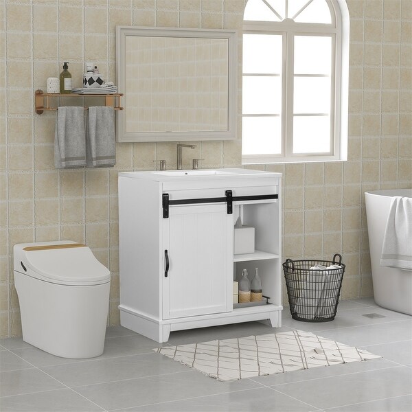Merax Free-Standing Bathroom Vanity with Sliding Bars Door. Opens flyout.
