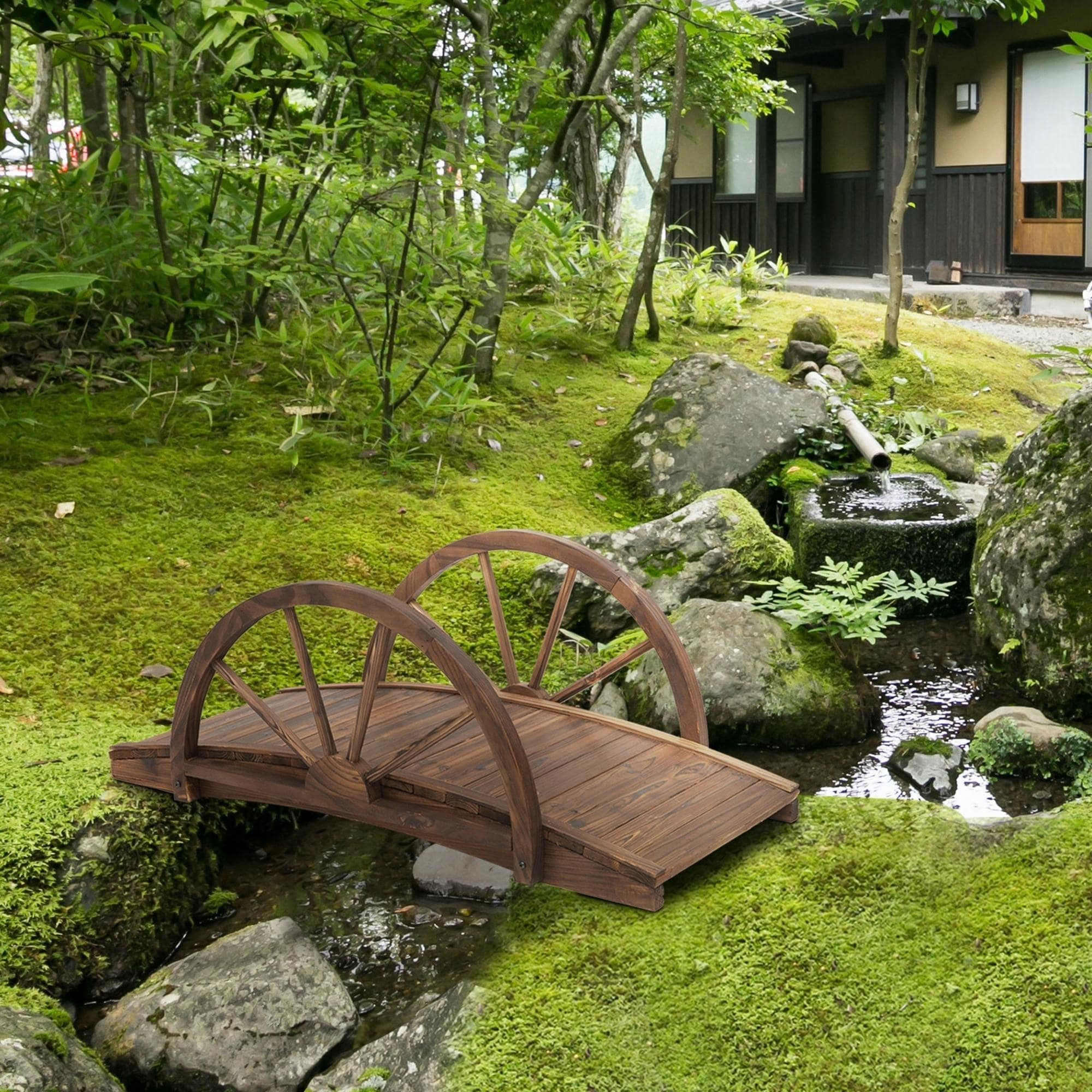 Outsunny 3.3ft Wooden Garden Bridge Arc Stained Finish Walkway with Half Wheeled Railings, Stained Wood