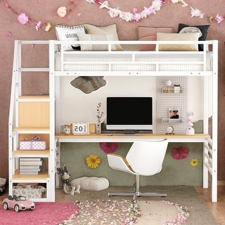Full Size Loft Bed With Desk,Storage Staircase And Wardrobe for Home