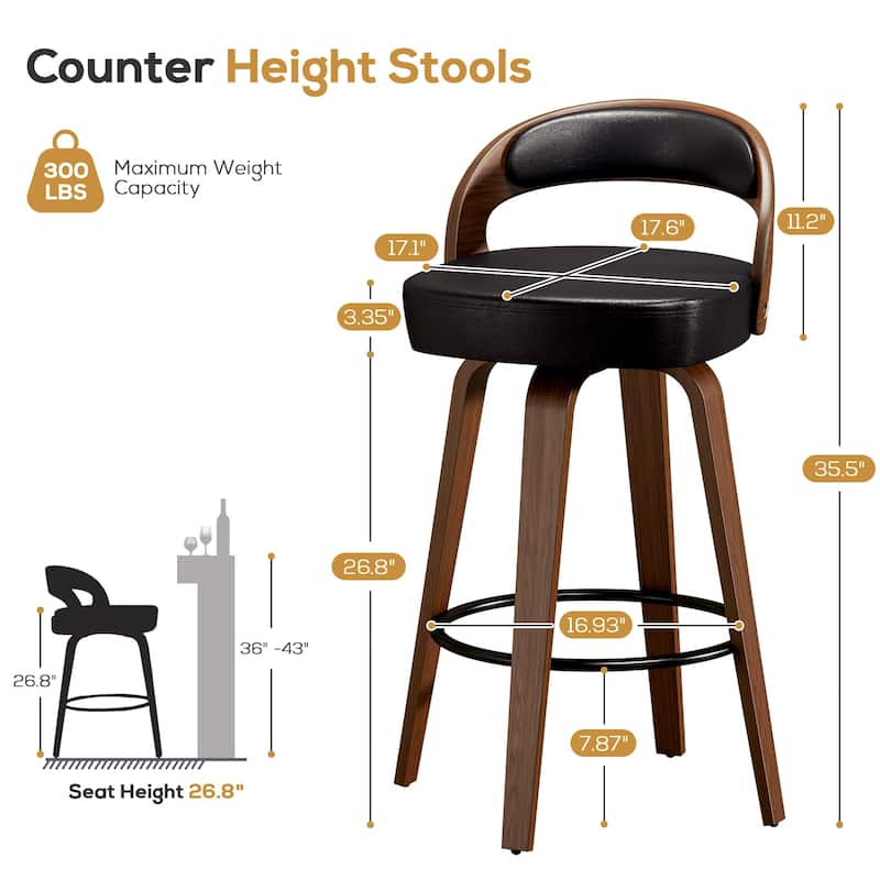 Swivel Bar Stools Set of 2, 26.8" Counter Height Bar Stools, Black Barstools Upholstered Faux Leather