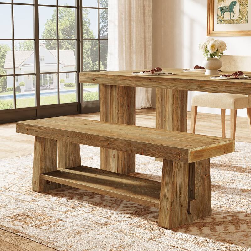 63" Solid Wood 2-Tier Entryway Bench with Open Shelves, Dining Bed End Accent Seat for Dining Room Living Room Hallway Bedroom