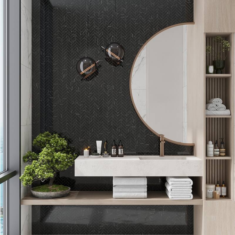 Veneto 11.1 in. x 12.36 in. Polished Black Marquina Porcelain Herringbone Wall and Floor Tile (4.76 sq ft/case) - 5 Sheets