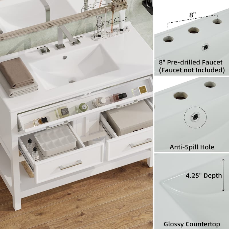 36" Bathroom Vanity with Ceramic Sink, Tip-Out Tray, Full-Extension Drawers, Soft-Close Slides, and Open Shelf